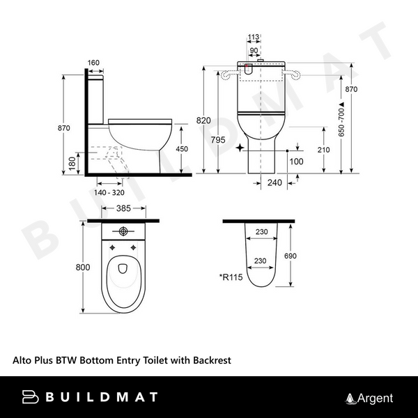 Argent Alto Plus BTW Bottom Entry Toilet Suite with Backrest White