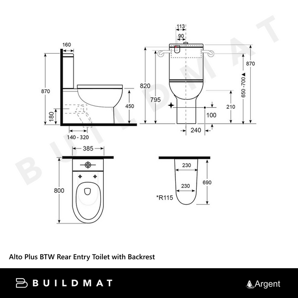 Argent Alto Plus BTW Rear Entry Toilet Suite with Backrest White
