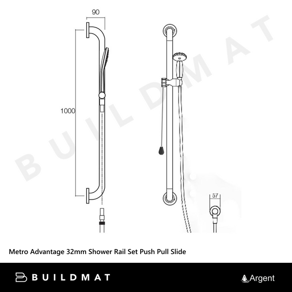 Argent Metro Advantage 32mm Shower Rail Set Push Pull Slide Chrome