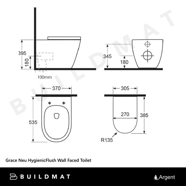 Argent Grace Neu HygienicFlush Wall Faced Toilet Pan and Seat White
