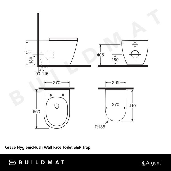 Argent Grace HygienicFlush Wall Face Toilet Pan and Seat Matte Black