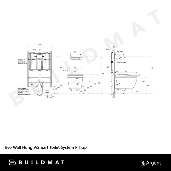 Argent Evo Wall Hung ViSmart Toilet Suite P Trap White