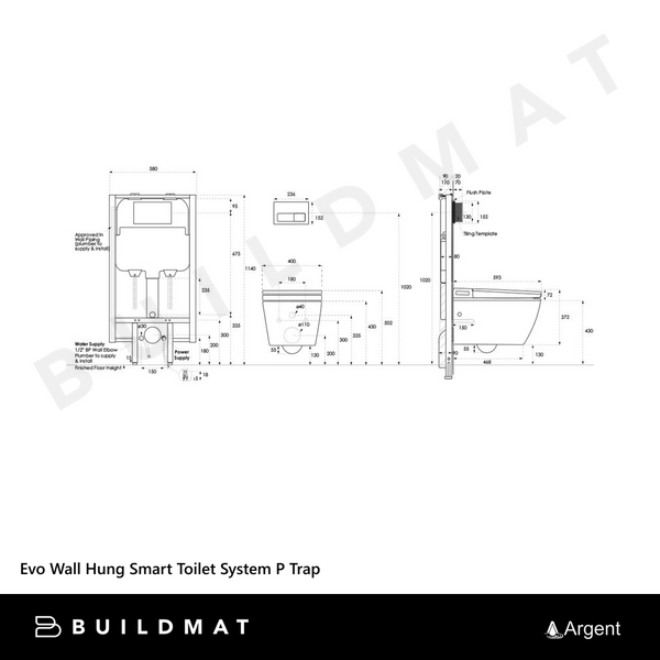 Argent Evo Wall Hung Smart Toilet Suite P Trap White