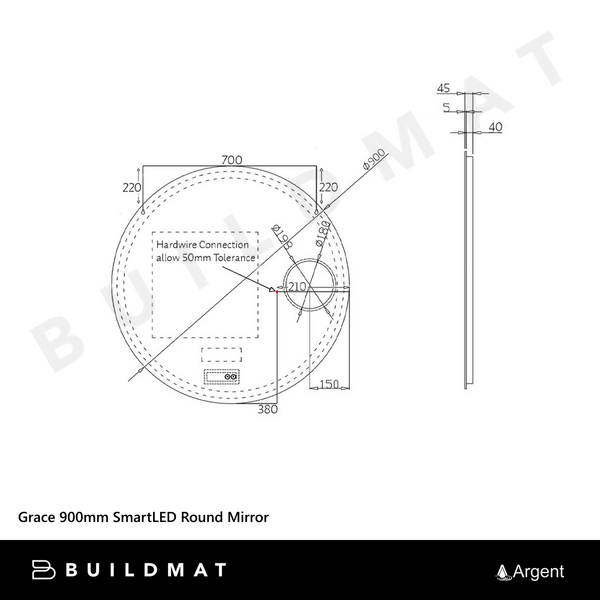 Argent Grace 900mm SmartLED Round Mirror Frameless