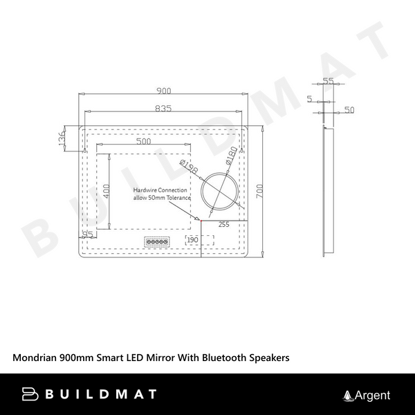 Argent Mondrian 900mm Smart LED Mirror With Bluetooth Speakers Frameless