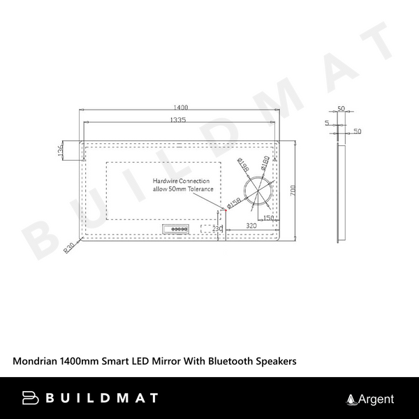 Argent Mondrian 1400mm Smart LED Mirror With Bluetooth Speakers Frameless
