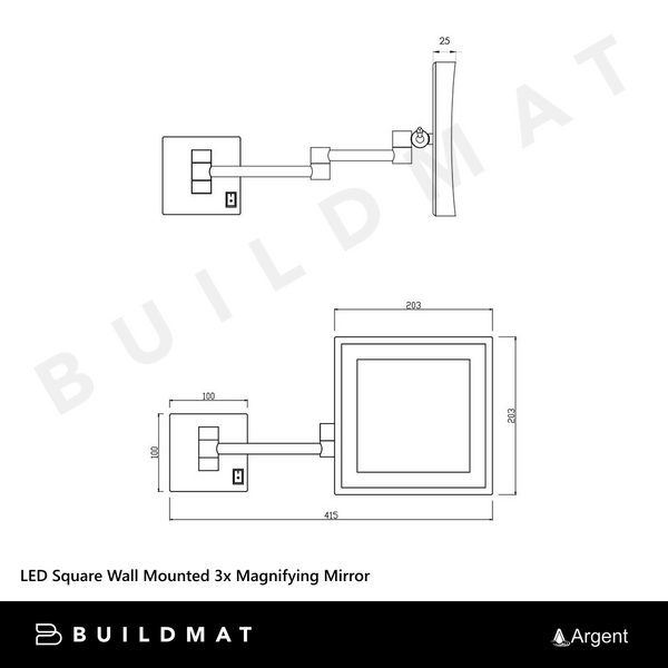Argent LED Square Wall Mounted 3x Magnifying Mirror Chrome