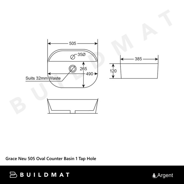 Argent Grace Neu 505 Oval Counter Basin 1 Tap Hole Matte White