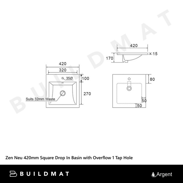 Argent Zen Neu 420mm Square Drop In Basin with Overflow 1 Tap Hole Gloss White