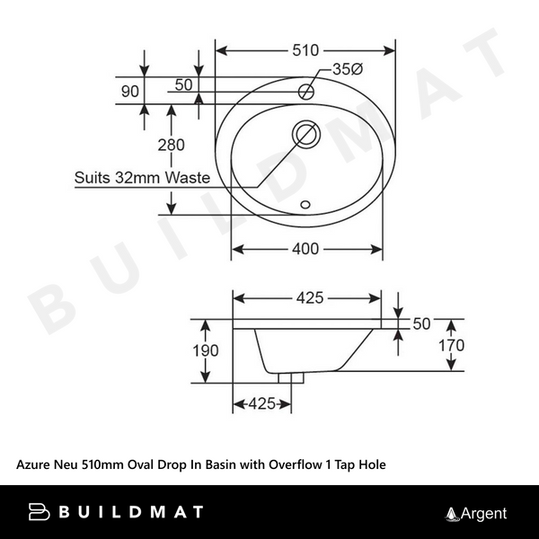 Argent Azure Neu 510mm Oval Drop In Basin with Overflow 1 Tap Hole Gloss White