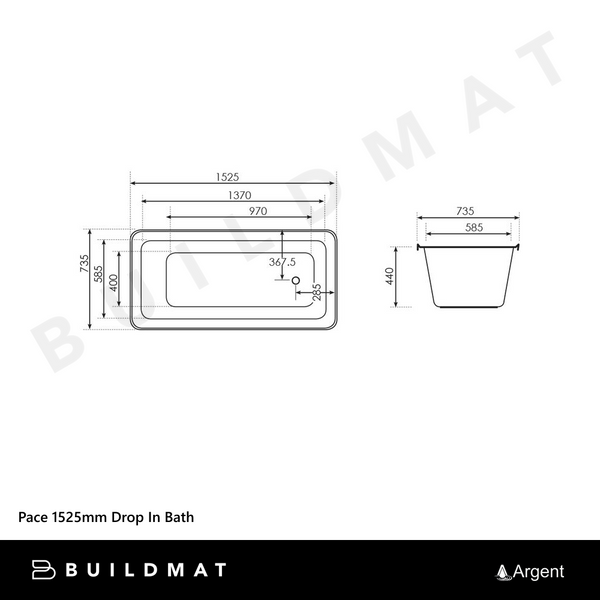Argent Pace 1525mm Drop In Bath White