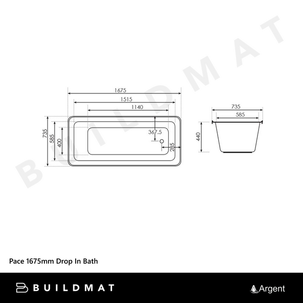 Argent Pace 1675mm Drop In Bath White
