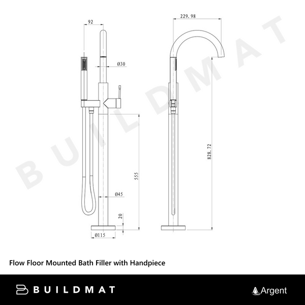 Argent Flow Floor Mounted Bath Filler with Shower Handpiece Chrome