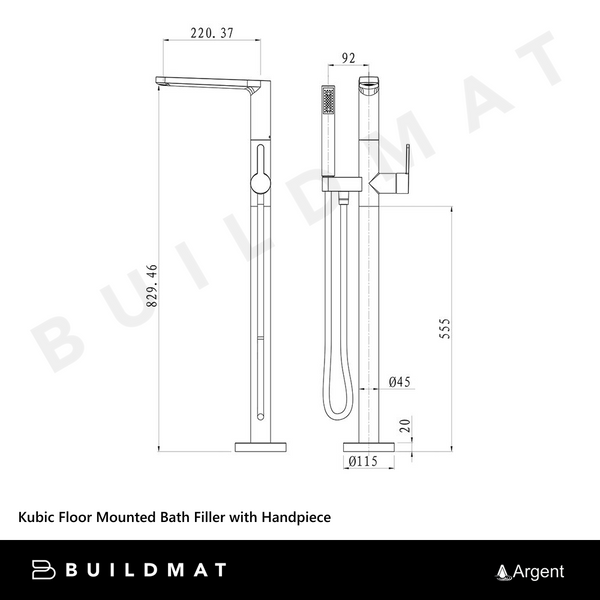 Argent Kubic Floor Mounted Bath Filler with Shower Handpiece Chrome