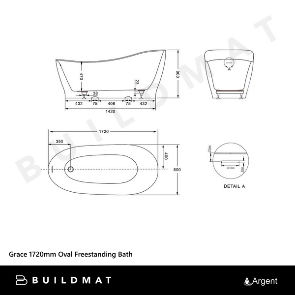 Argent Grace 1720mm Oval Freestanding Bath White