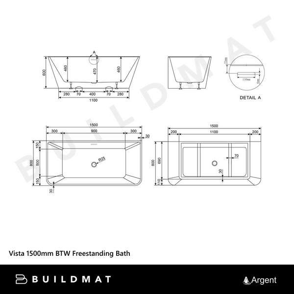 Argent Vista 1500mm BTW Freestanding Bath White