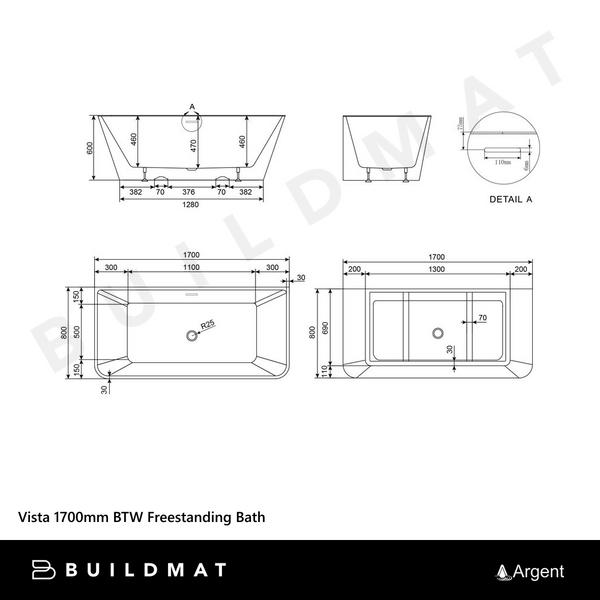 Argent Vista 1700mm BTW Freestanding Bath White
