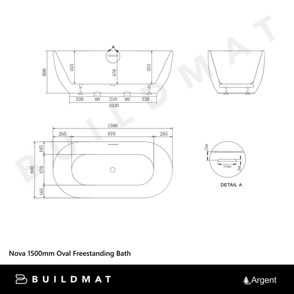 Argent Nova 1500mm Oval Freestanding Bath White