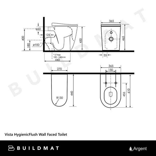 Argent Vista HygienicFlush Wall Faced Toilet Pan and Seat White