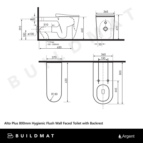 Argent Alto Plus 800mm Hygienic Flush Wall Faced Toilet Pan with Seat and Backrest White