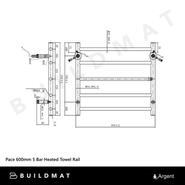 Argent Pace 600mm 5 Bar Heated Towel Rail Stainless Steel