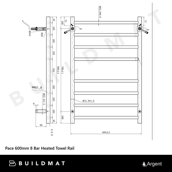 Argent Pace 600mm 8 Bar Heated Towel Rail Chrome