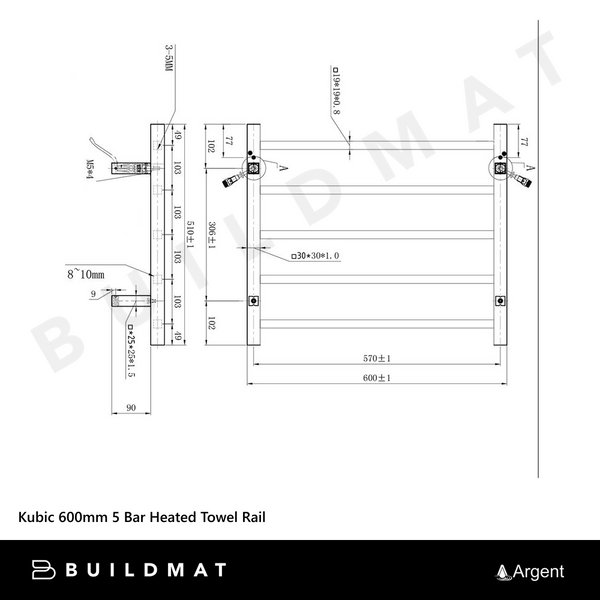 Argent Kubic 600mm 5 Bar Heated Towel Rail Chrome