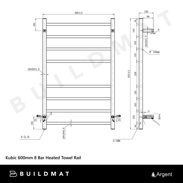 Argent Kubic 600mm 8 Bar Heated Towel Rail Chrome