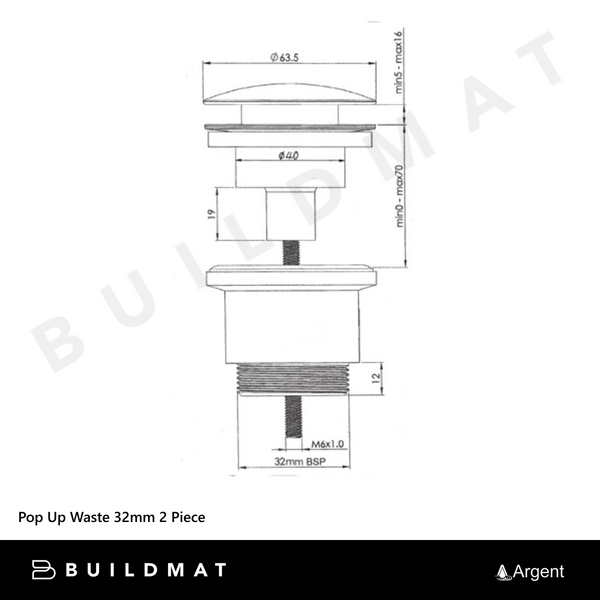 Argent Pop Up Waste 32mm 2 Piece Gunmetal