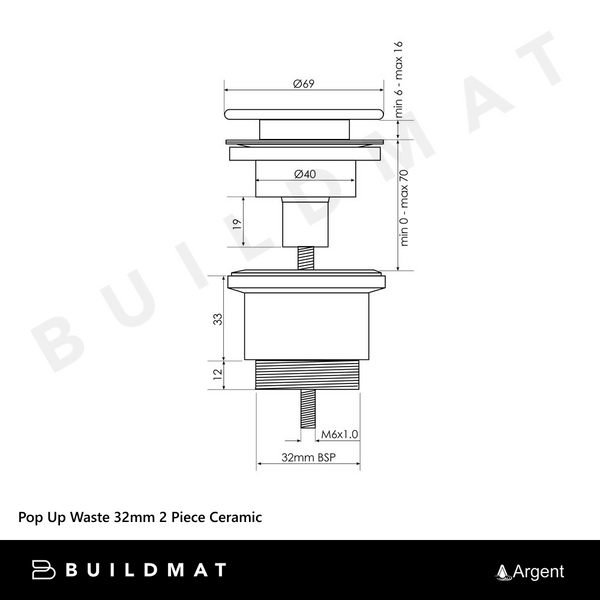 Argent Pop Up Waste 32mm 2 Piece Matte White Ceramic