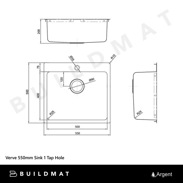 Argent Verve 550mm Stainless Steel Sink 1 Tap Hole Stainless Steel