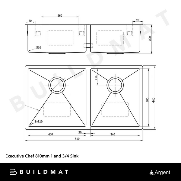 Argent Executive Chef 810mm 1 and 3/4 Sink Stainless Steel