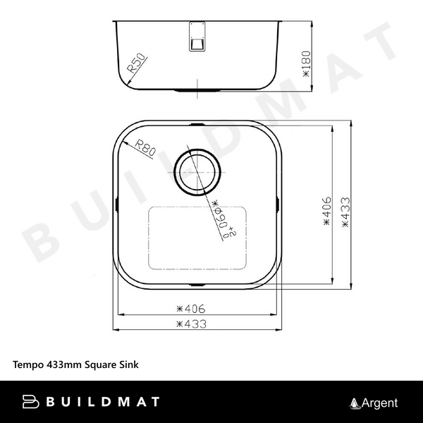 Argent Tempo 433mm Square Sink Stainless Steel