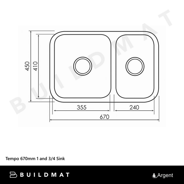 Argent Tempo 670mm 1 and 3/4 Sink Stainless Steel