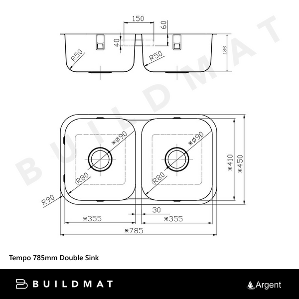 Argent Tempo 785mm Double Sink Stainless Steel