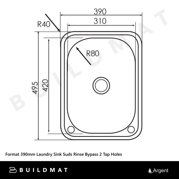 Argent Format 390mm Laundry Sink Suds Rinse Bypass 2 Tap Holes Stainless Steel