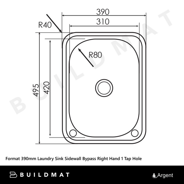 Argent Format 390mm Laundry Sink Sidewall Bypass Right Hand 1 Tap Hole Stainless Steel