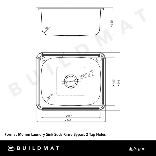 Argent Format 610mm Laundry Sink Suds Rinse Bypass 2 Tap Holes Stainless Steel