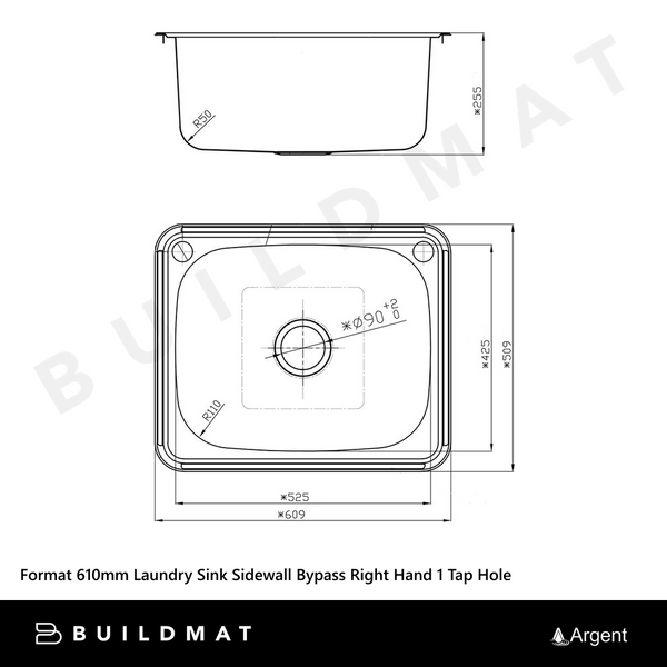 Argent Format 610mm Laundry Sink Sidewall Bypass Right Hand 1 Tap Hole Stainless Steel