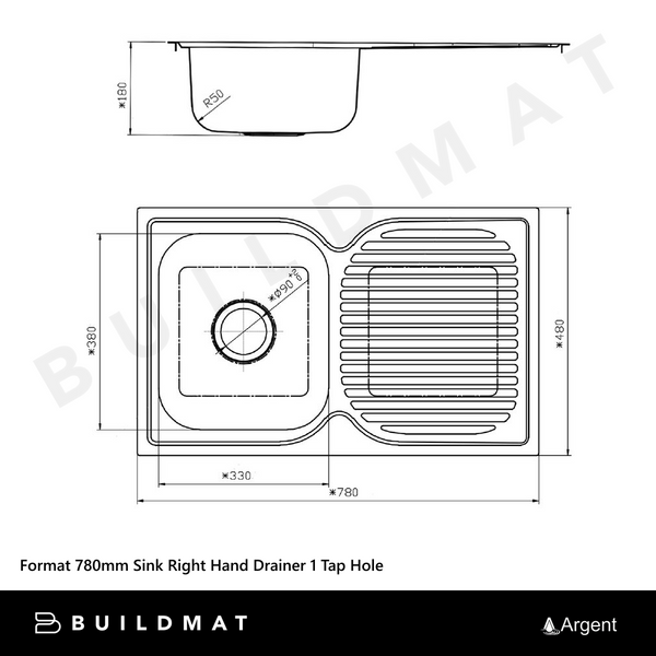 Argent Format 780mm Sink with Right Hand Drainboard 1 Tap Hole Stainless Steel
