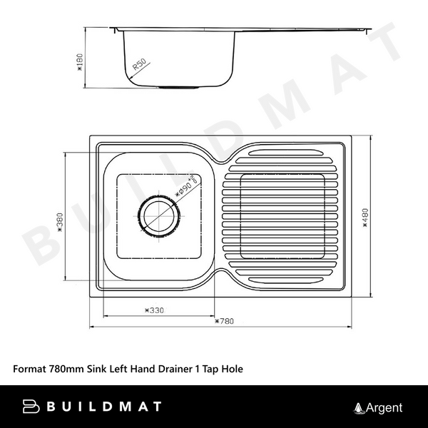 Argent Format 780mm Sink with Left Hand Drainboard 1 Tap Hole Stainless Steel