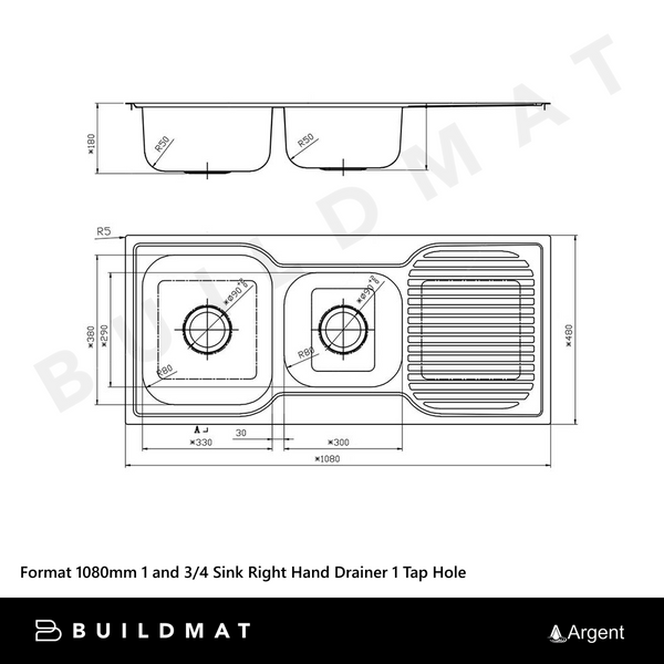 Argent Format 1080mm 1 and 3/4 Sink with Right Hand Drainboard 1 Tap Hole Stainless Steel
