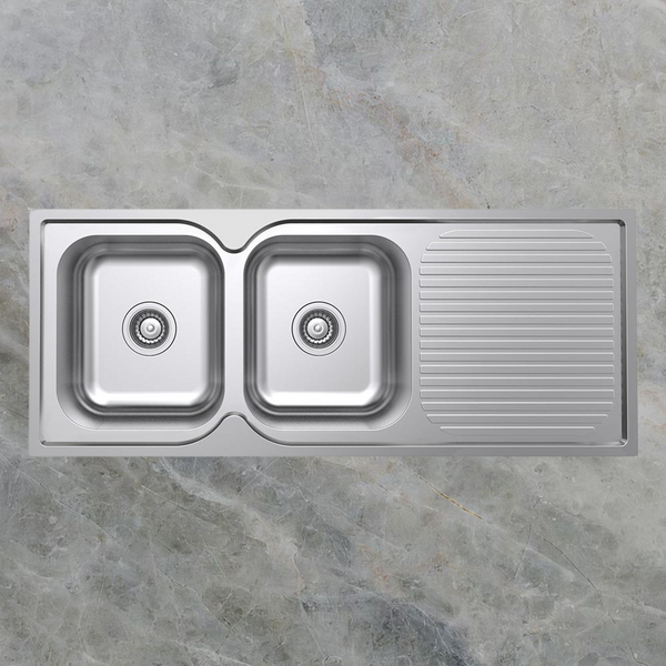 Argent Format 1180mm Double Sink with Right Hand Drainboard 1 Tap Hole Stainless Steel