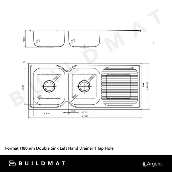 Argent Format 1180mm Double Sink with Left Hand Drainboard 1 Tap Hole Stainless Steel