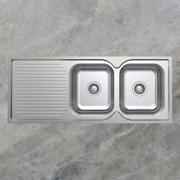 Argent Format 1180mm Double Sink with Left Hand Drainboard 1 Tap Hole Stainless Steel