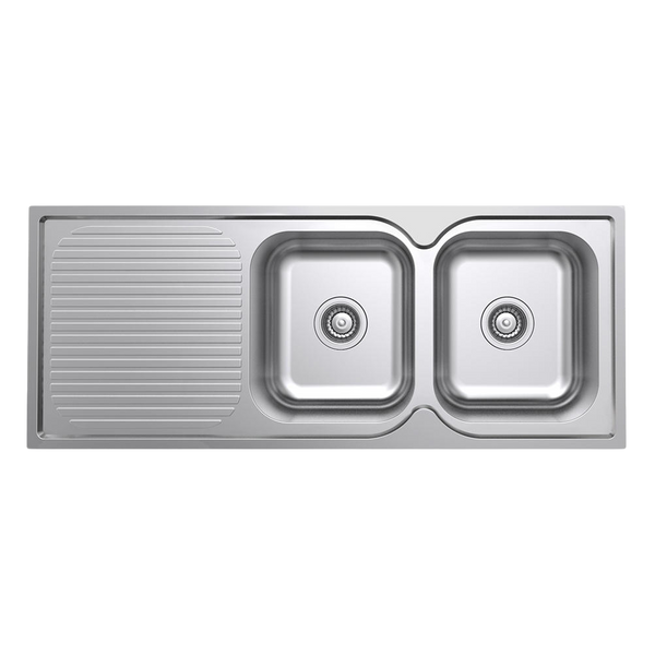 Argent Format 1180mm Double Sink with Left Hand Drainboard 1 Tap Hole Stainless Steel