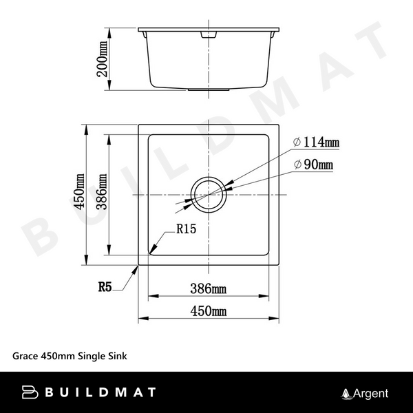 Argent Grace 450mm Single Bowl Granite Sink Matte Black
