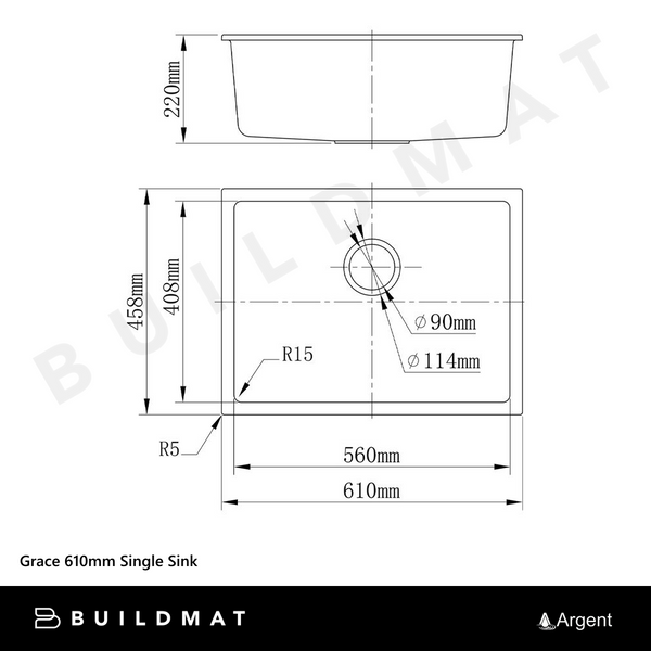 Argent Grace 610mm Single Bowl Granite Sink White