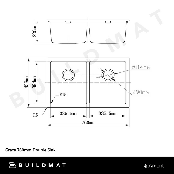 Argent Grace 760mm Double Bowl Granite Sink Matte Black
