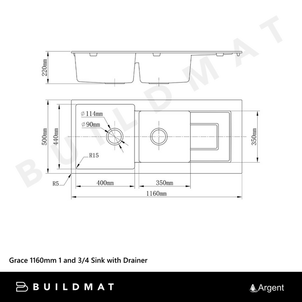 Argent Grace 1160mm 1 and 3/4 Granite Sink with Right Hand Drainboard White